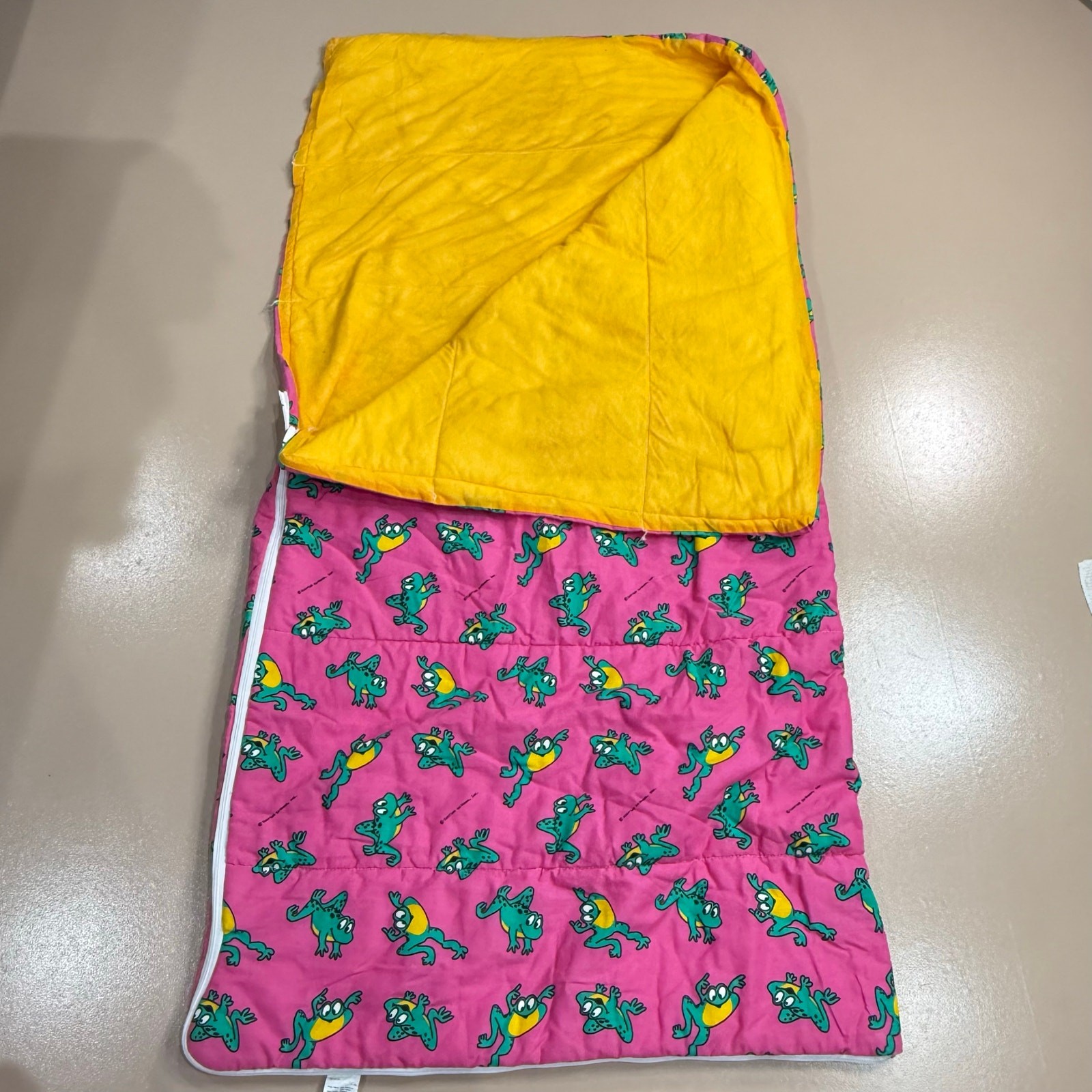 Vintage 80s 90s Pink Green Frog Sleeping Bag & Pillow Catfish Calhoun Kidcore