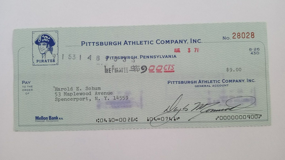 Harold E. Schum: 1978 Pittsburgh Pirates Expense Check