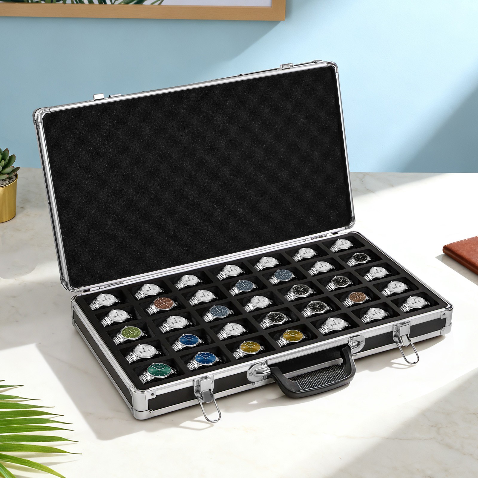 35 Slots Aluminum Watch Display Case Lockable Watch Jewelry Storage Showing Box