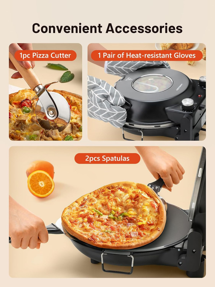 12-Inch Electric Pizza Oven with Ceramic Stone & Adjustable Timer, 1200W
