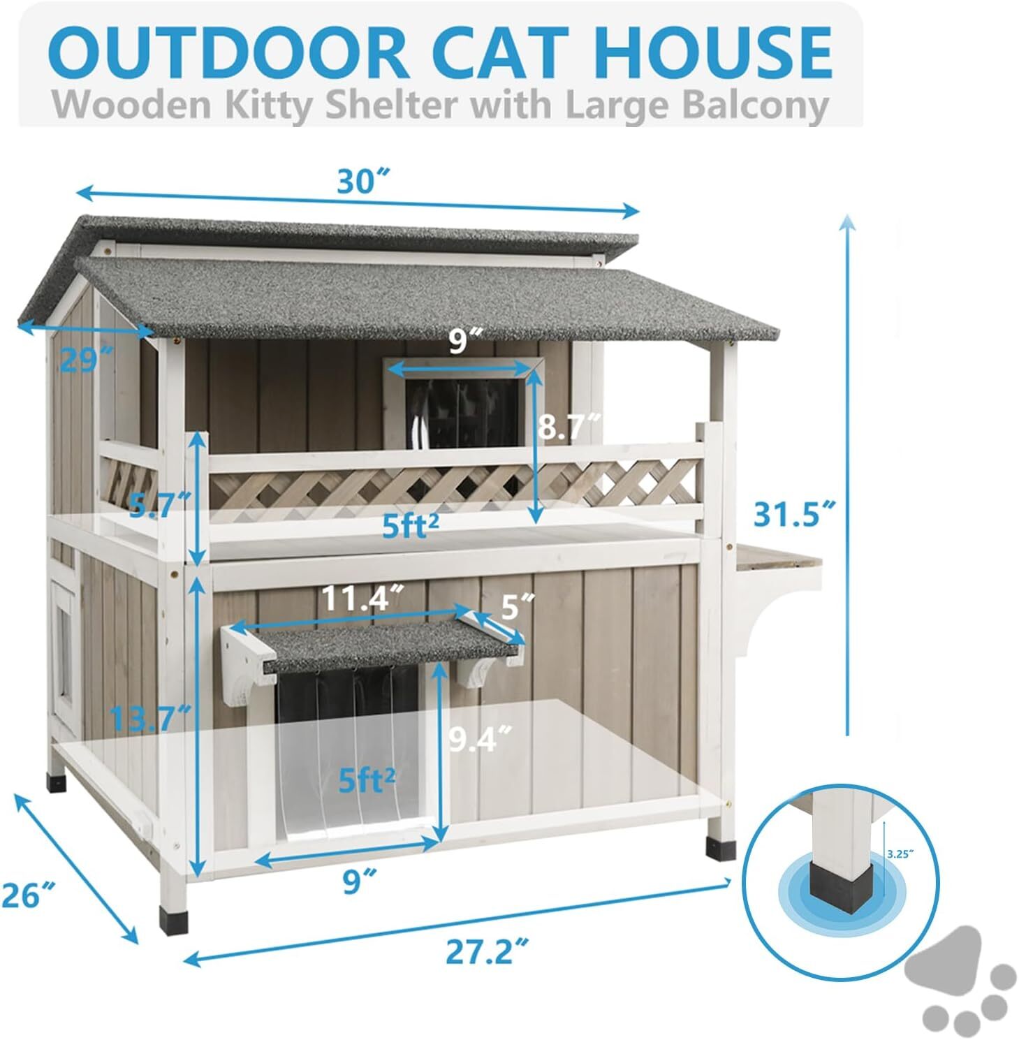 Two Story Cat House Outdoor Wooden Feral Cat Shelter with Balcony & Escape Door