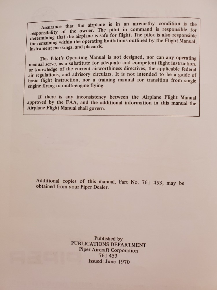 Piper Twin Comanche C/R Pilot's Operating Manual 1970 Research/Development copy