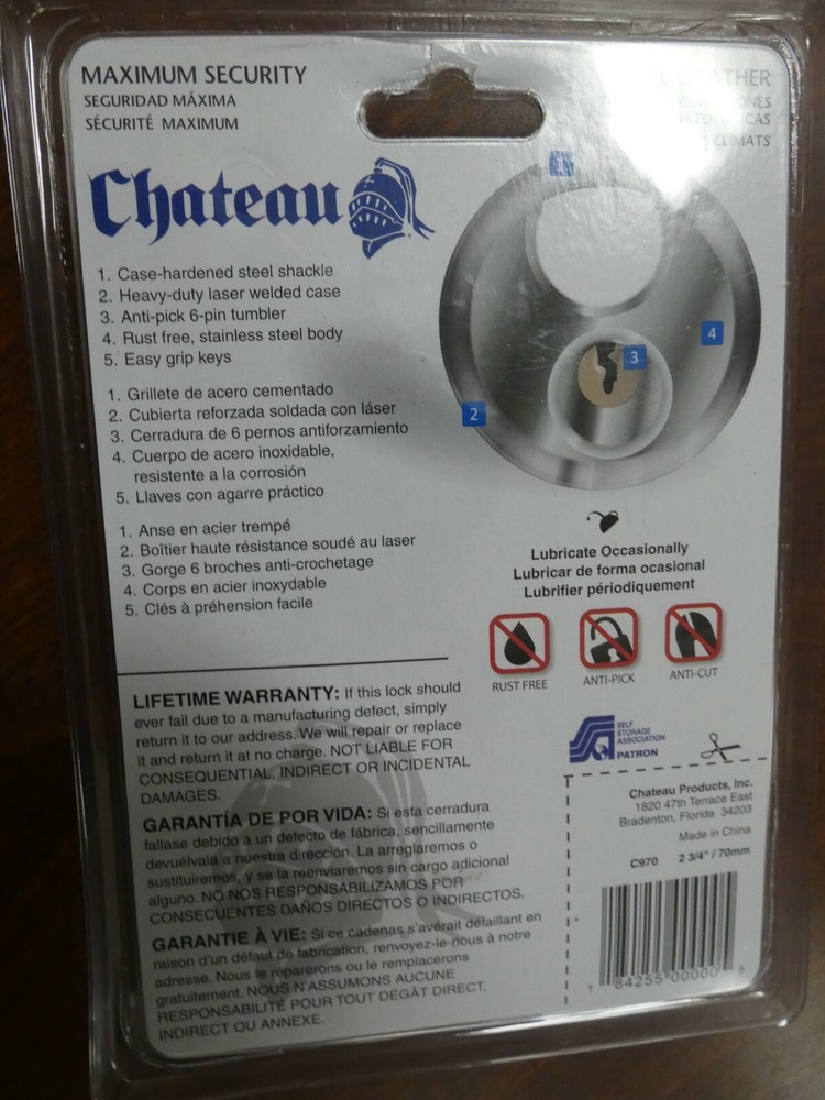 Chateau Maximum Security Disc Lock C-970 with Three Keys 2 3/4" 70mm