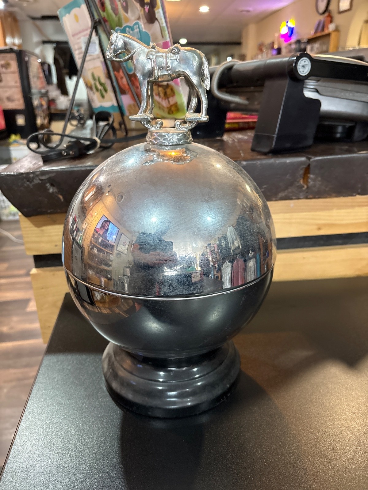 1950s Round Chrome Lidded Mini Tabletop Bar With Metal Sculpture Atop