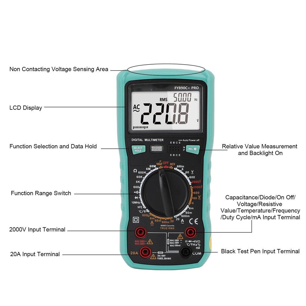 Digital Multimeter 6000 Counts Tester 2000V Voltage Current Capacitance Testing