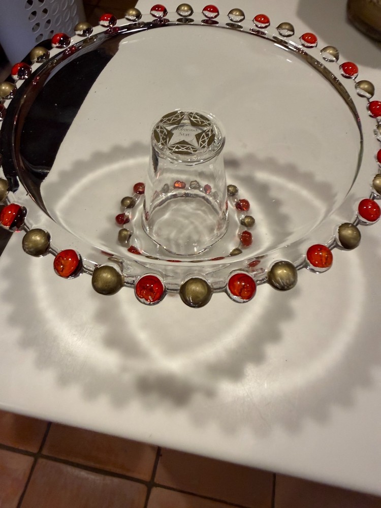 Vintage Diamond STAR Tidbit Tray PEDESTAL HAND PAINTED KNOBS 7.5"TRAY 5"H