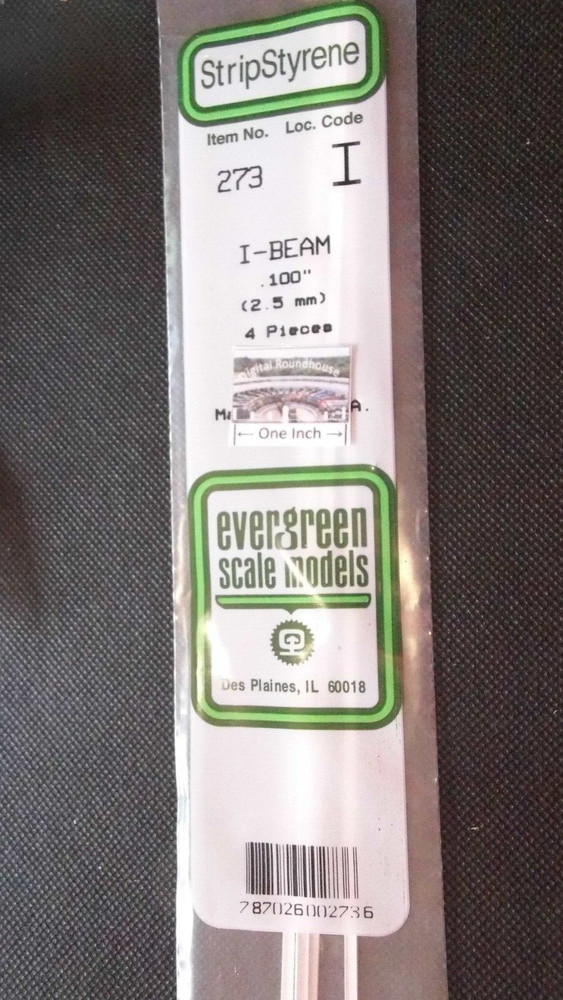 Evergreen Scale Models #273 Styrene I-Beam, .100", pkg. 4 - Details Below