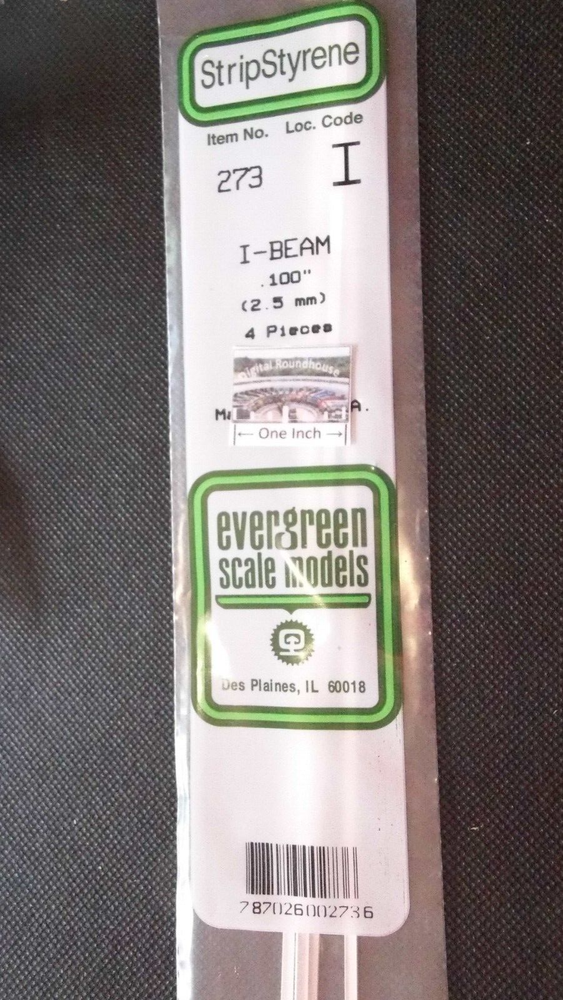 Evergreen Scale Models #273 Styrene I-Beam, .100", pkg. 4 - Details Below