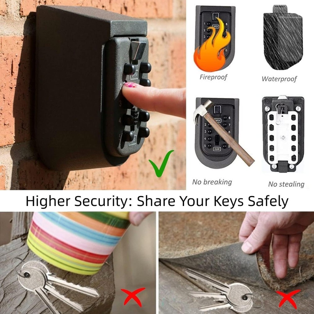 Compact Push Button Key Safe - Wall Mount Key Box with Rubber Cover for 5-7 Keys