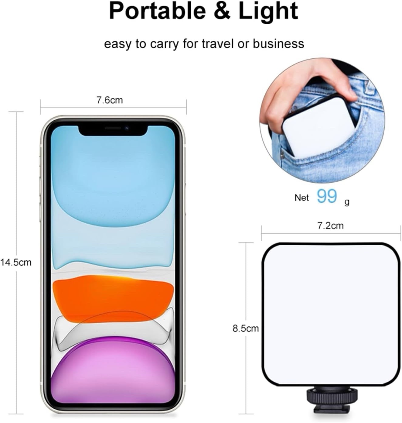 Pocket Camera Video Light RGB 2500K-9000K, Rechargeable Full Color , CRI 95