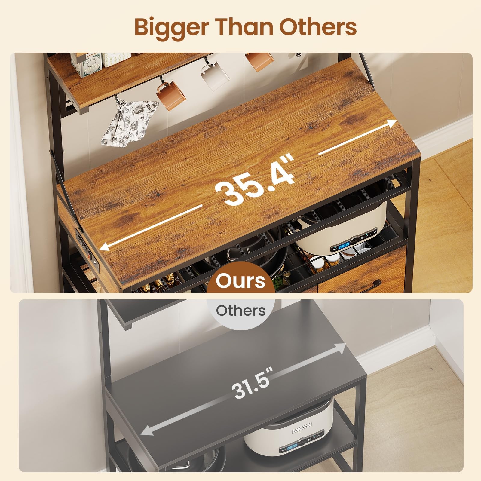 Bakers Rack with Storage and Power Outlet 35.4 inch Coffee Bar Cabinet