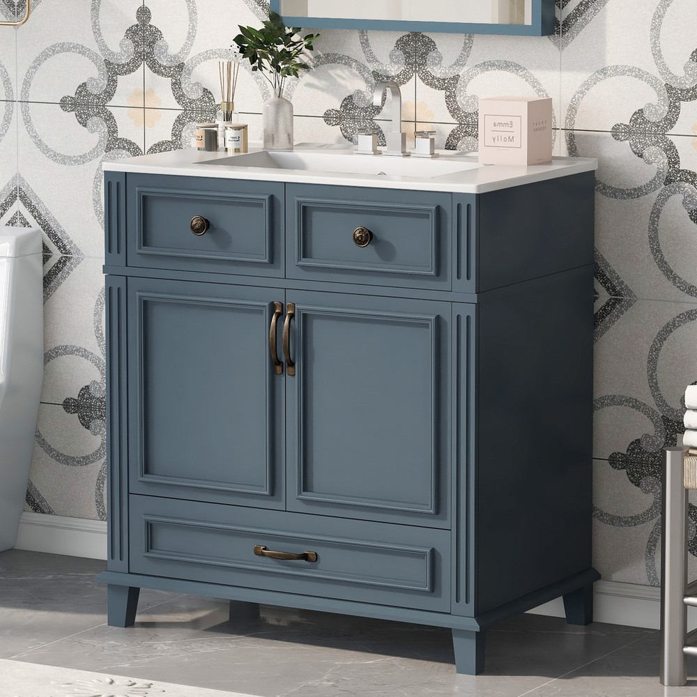 30'' Bathroom Vanity with Ceramic Sink,Solid Wood Frame Bathroom Storage Cabinet