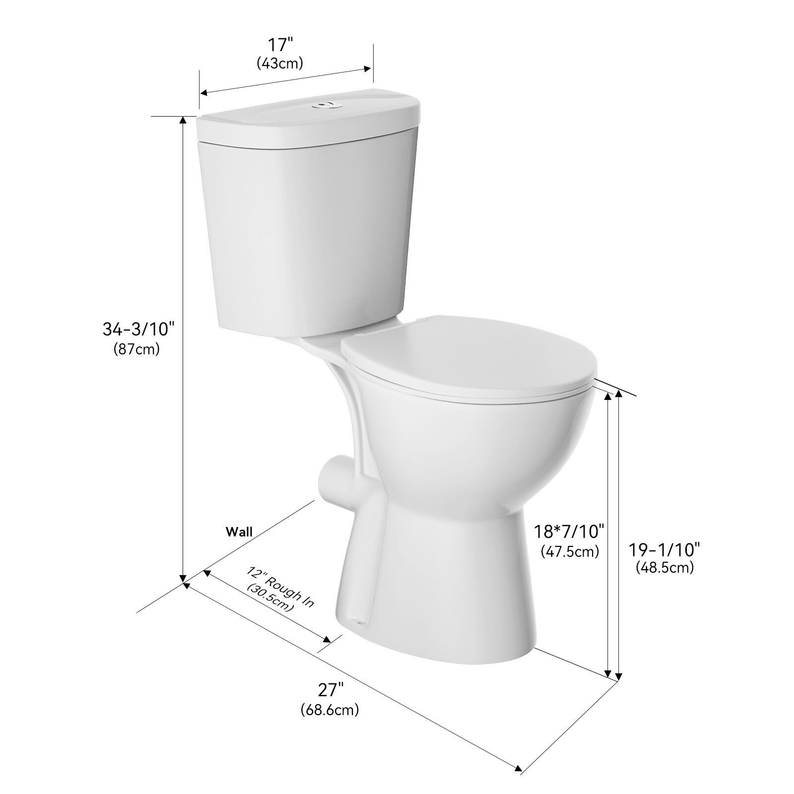 19" High Rear Outlet Toilet Dual Flush Round for Seniors Handicap Tall Users