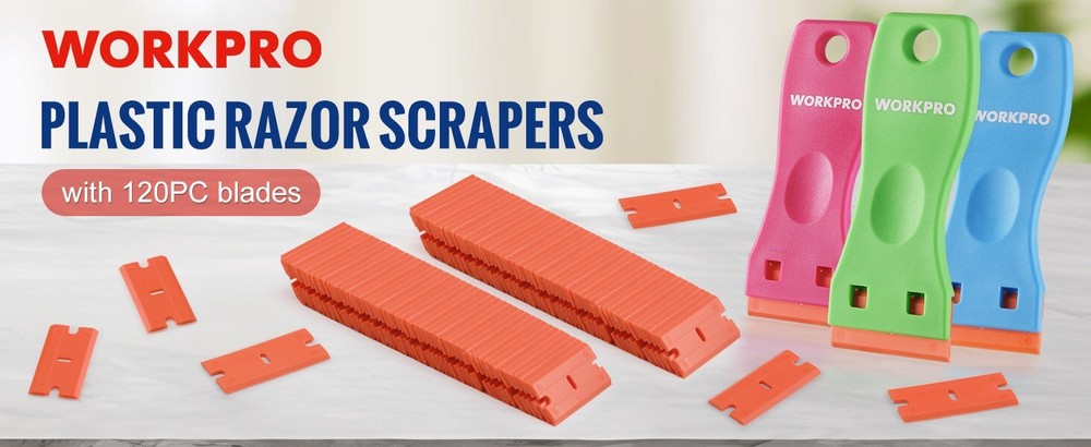 WORKPRO 3 Pcs Plastic Razor Blade Scraper with 120 Pcs Plastic Razor Blades NEW