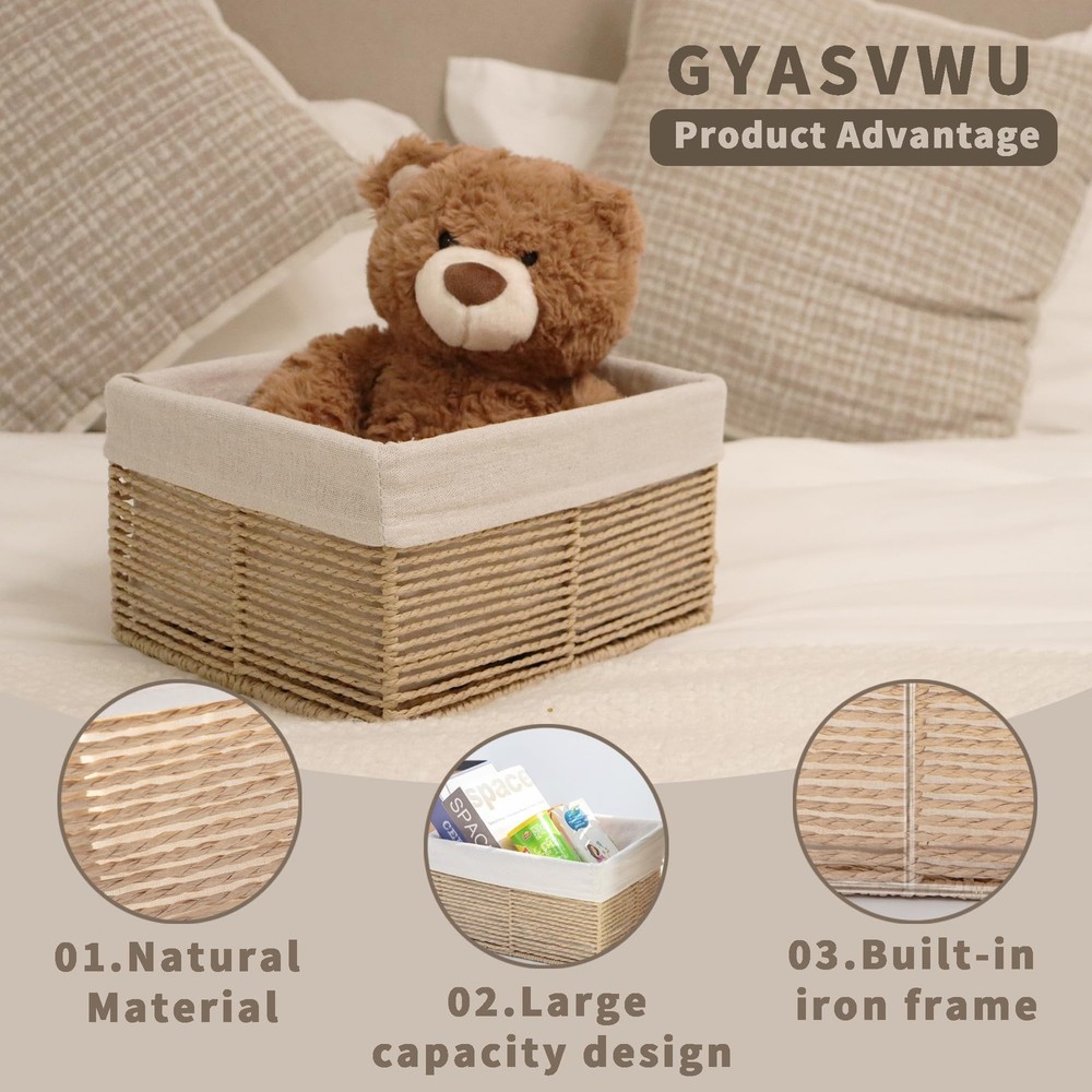 Hand-Woven Paper Rope Storage Baskets,Rectangular Wicker Baskets for Organizi...