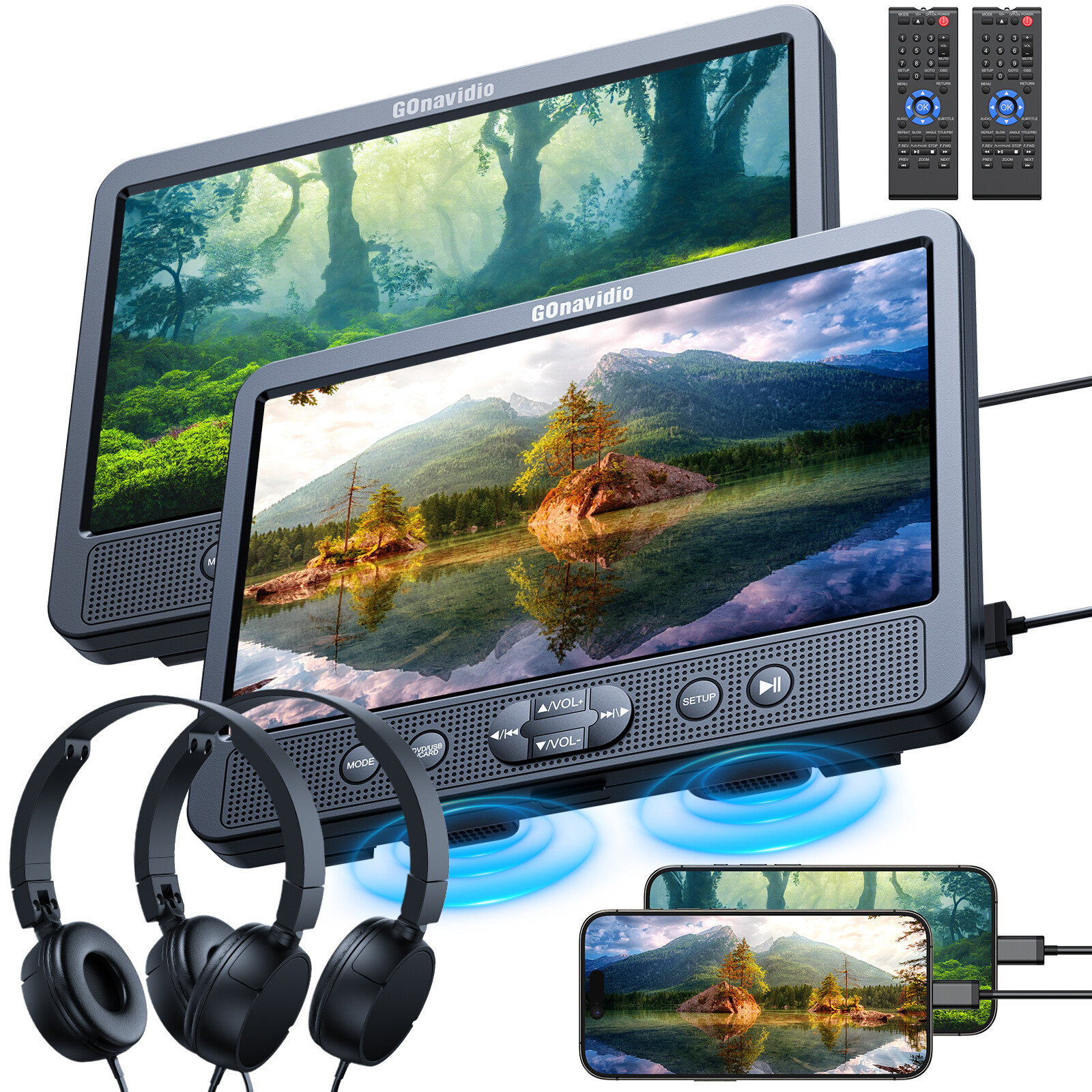 2x 10.5” Screen HD Car Headrest Monitor DVD Player for Kids USB HDMI w/ Headset