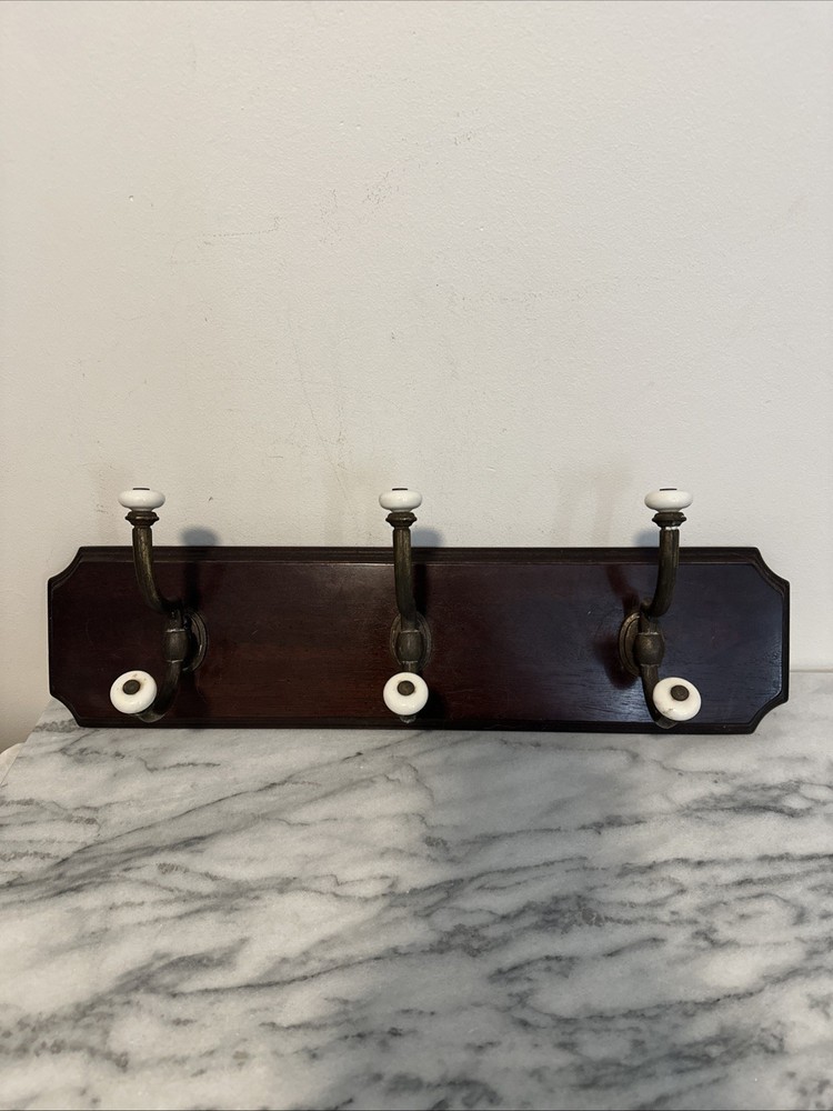 VTG Large Antique Solid Wood Wall Coat Hang Three Brass Hooks Porcelain Knobs