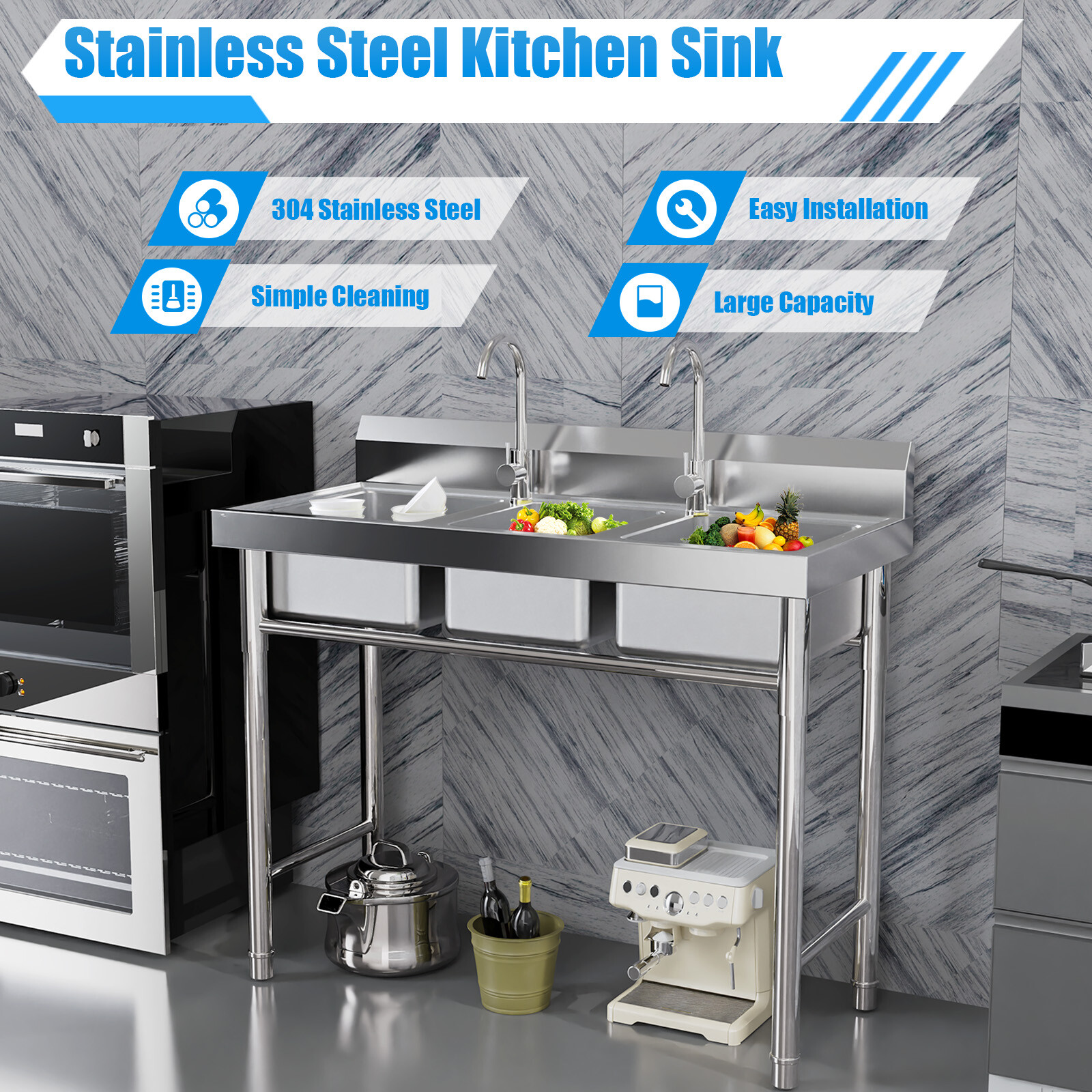 Commercial Stainless Steel 3-Compartment Sink for Kitchen & Catering Use