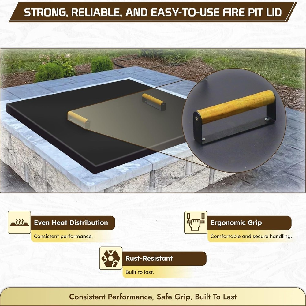FEBTECH 34" Square Fire Pit Snuffer Lid for 32" FirePit with Wooden Handles