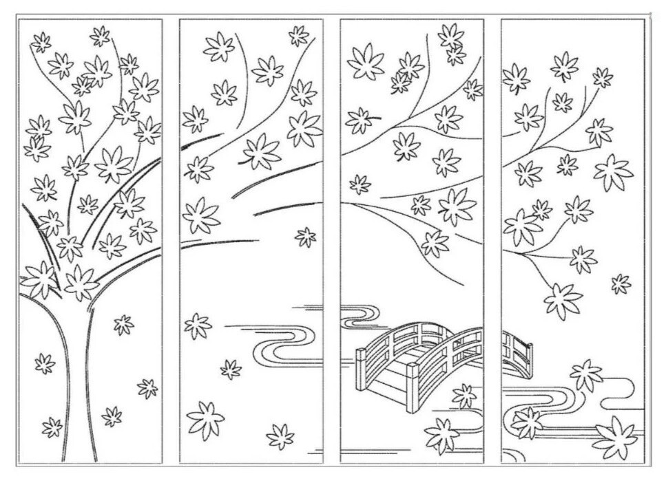 Sashiko Pre-Printed Panel-HM-26-Maple Tree & Bridge Large 4 Part Panel Navy
