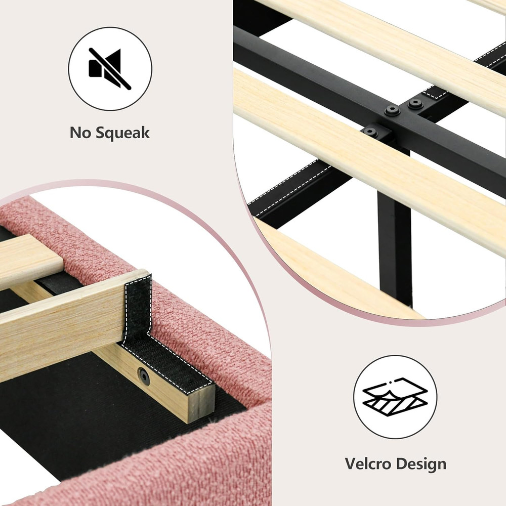 Full Size Bed Frame, Boucle Upholstered Platform Bed Frame with Headboard, Pink
