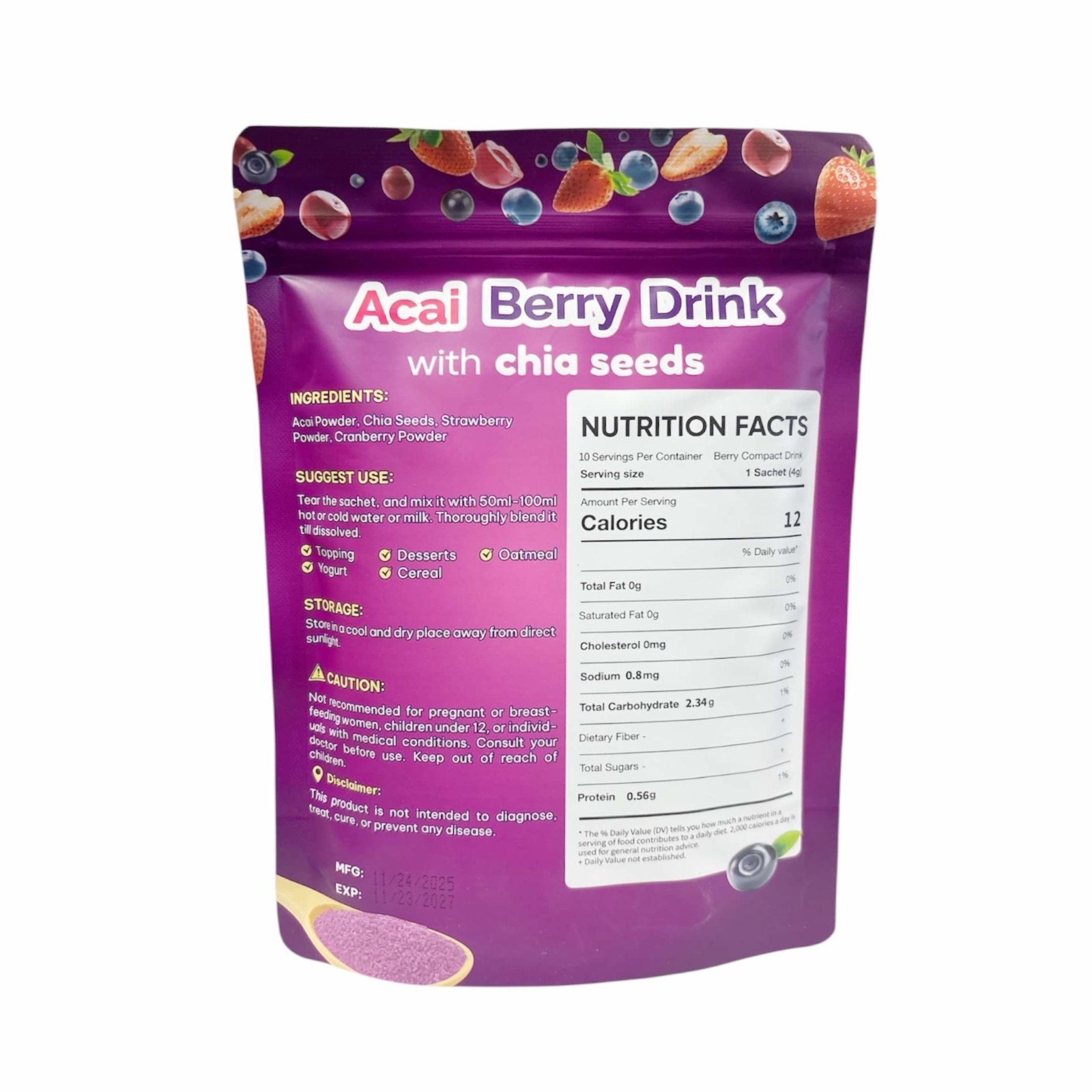 FITGUM Acai Berry Drink Powder with Chia Seeds 10 Sachets Daily Beverage