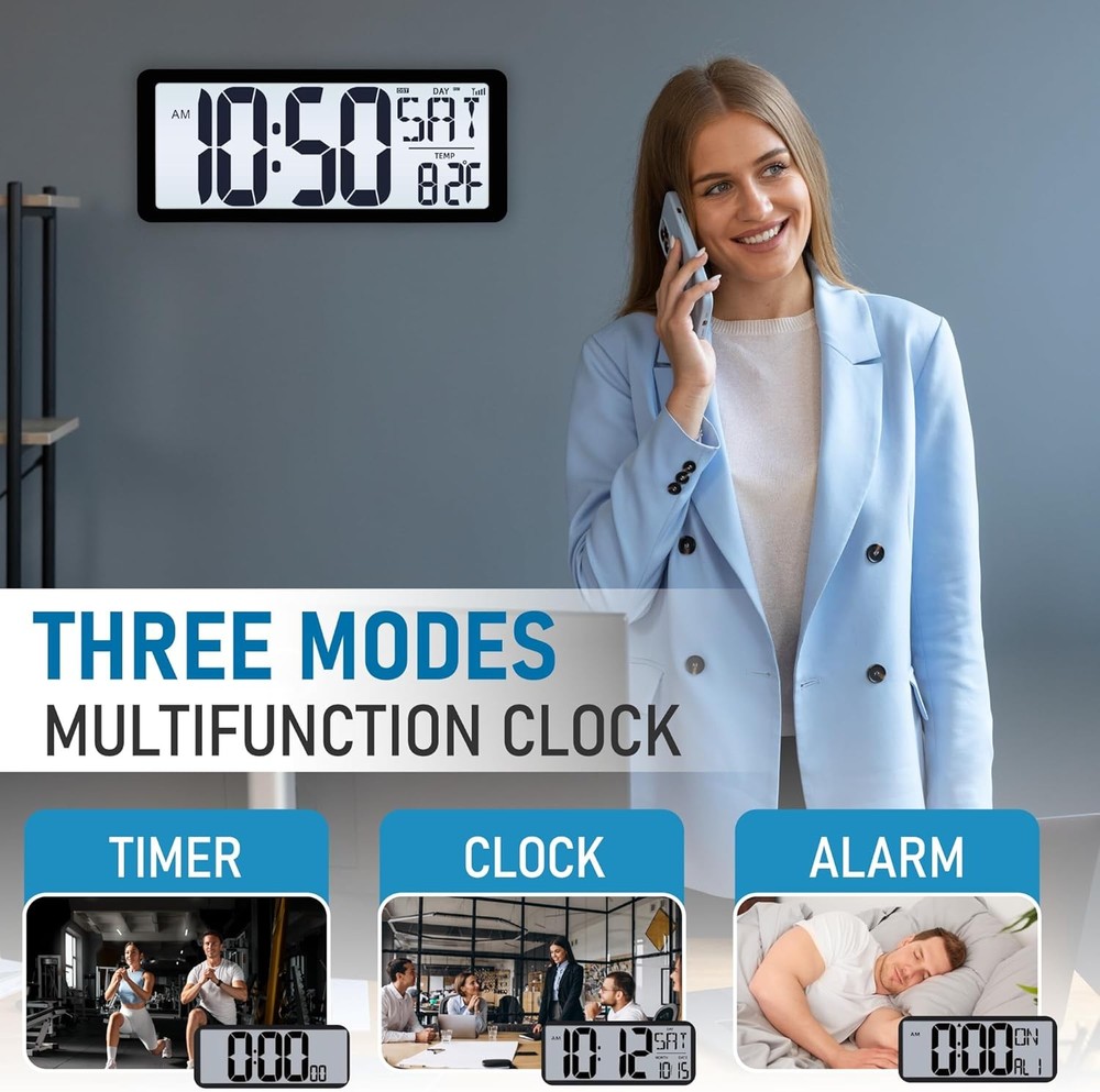 Atomic Clock with Backlight 14 2 Large Digital Wall Clock Battery...