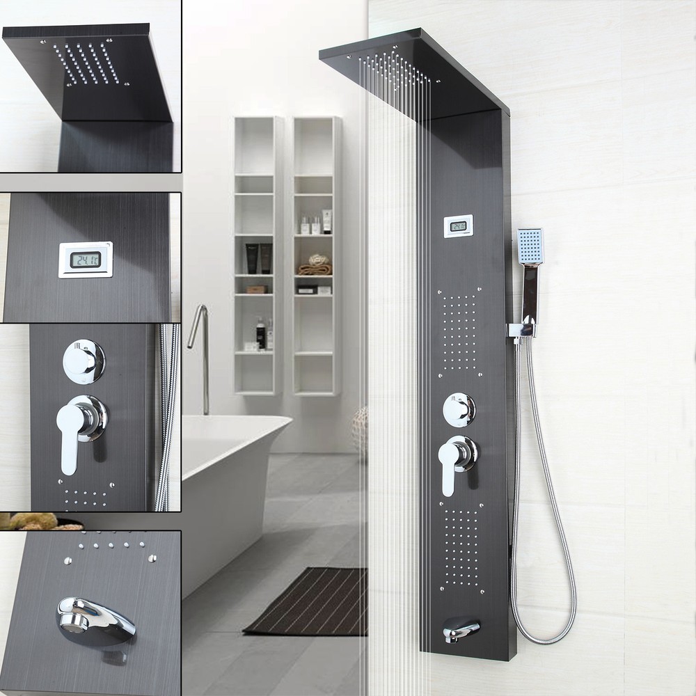 Bathroom Black Rainfall Shower Column Massage Jets Sprayer Shower Panel System