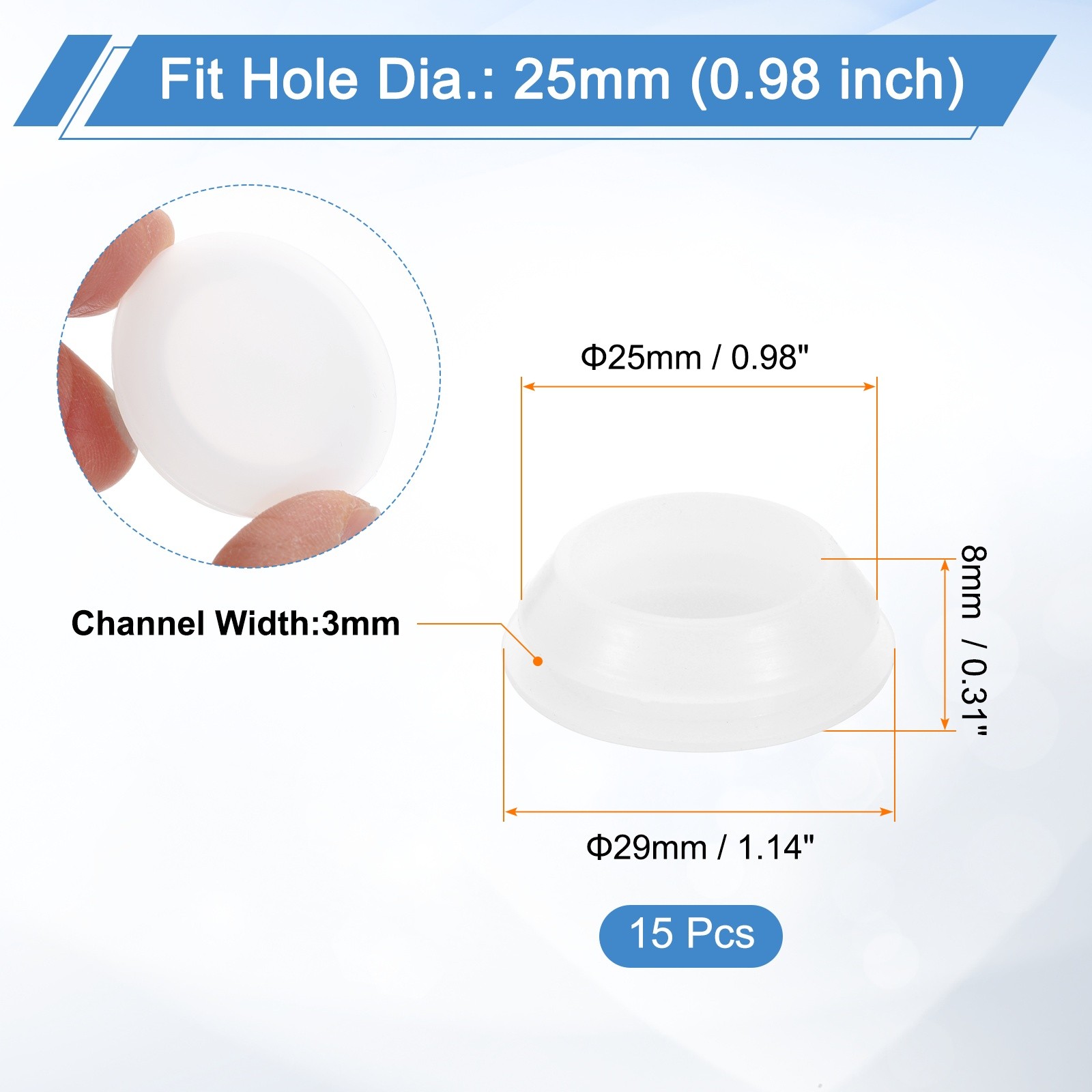 15Pcs Snug Plugs, Rubber Hole Plugs Fit 25mm (0.98 Inch) Hole Dia. Translucent