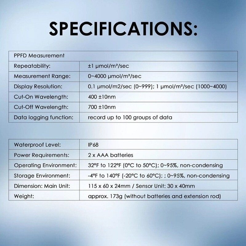 PAR Meter Waterproof IP68 Quantum Sensor PPFD Meter Data Logger for Reef Tank US