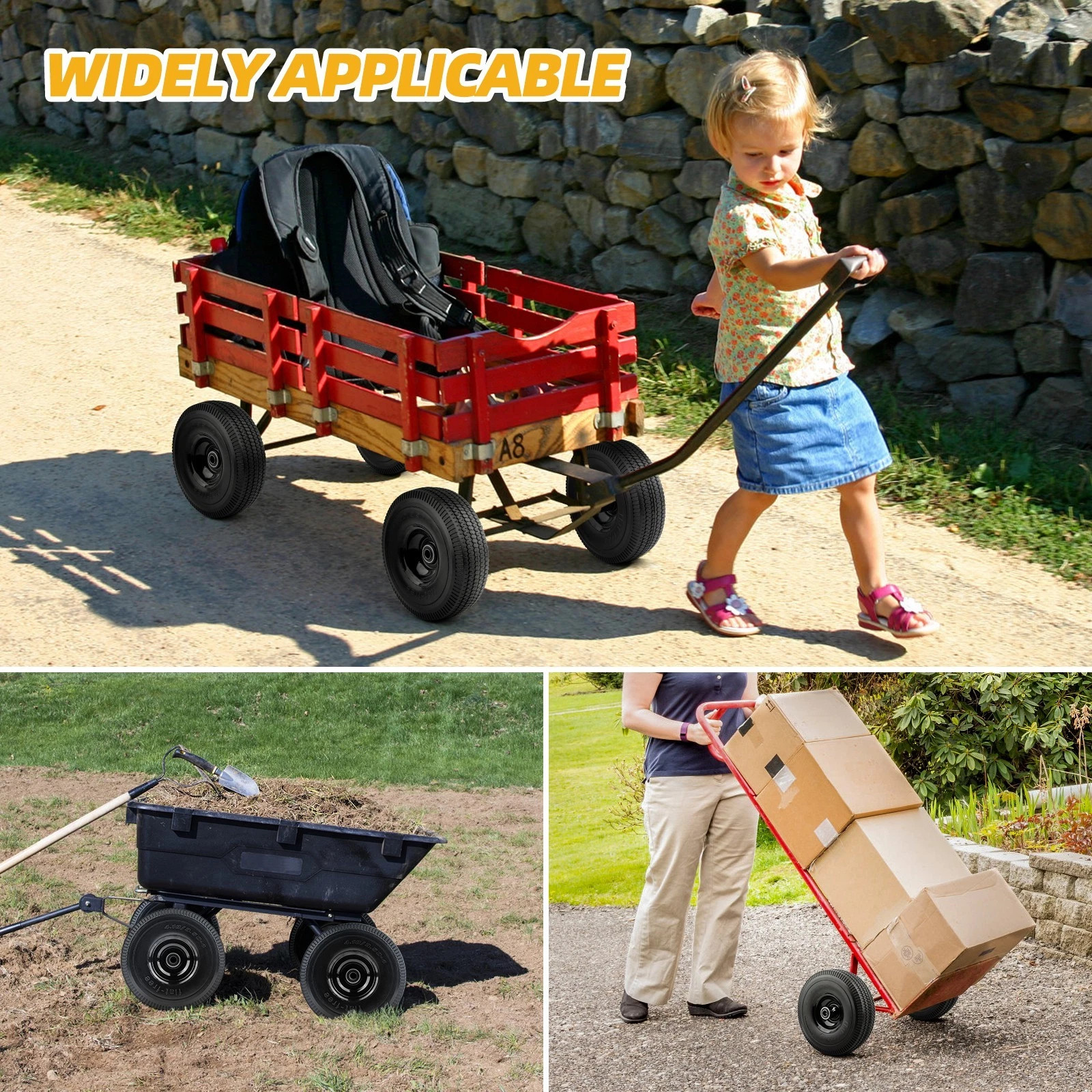 2PCS Upgrade 4.10/3.50-4 Flat Free Solid Rubber Tire and Wheel, 10" Solid Tires