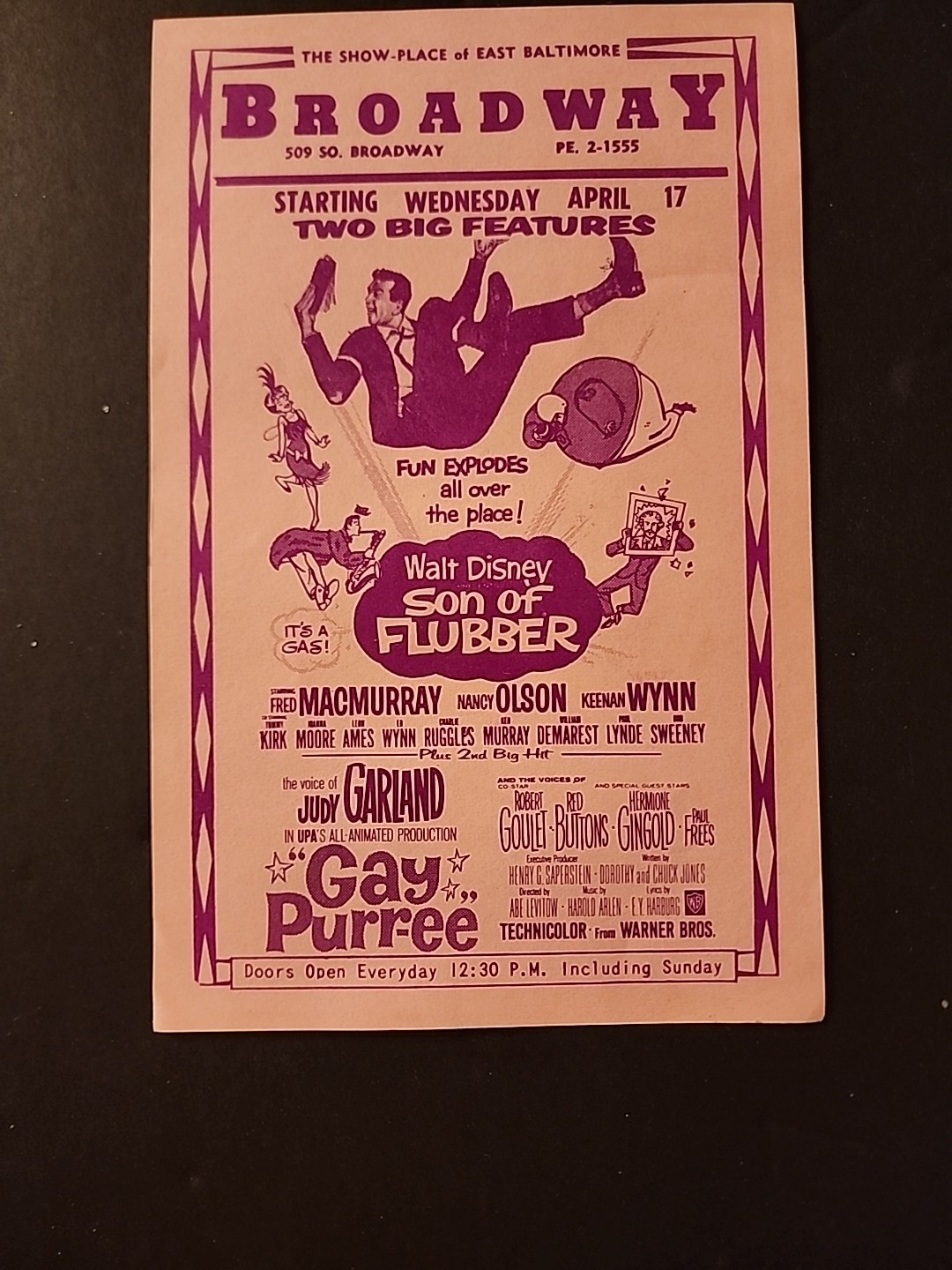 1962 JUDY GARLAND GAY PURREE & WALT DISNEY FRED MACMURRAY FLUBBER FLIER Herald