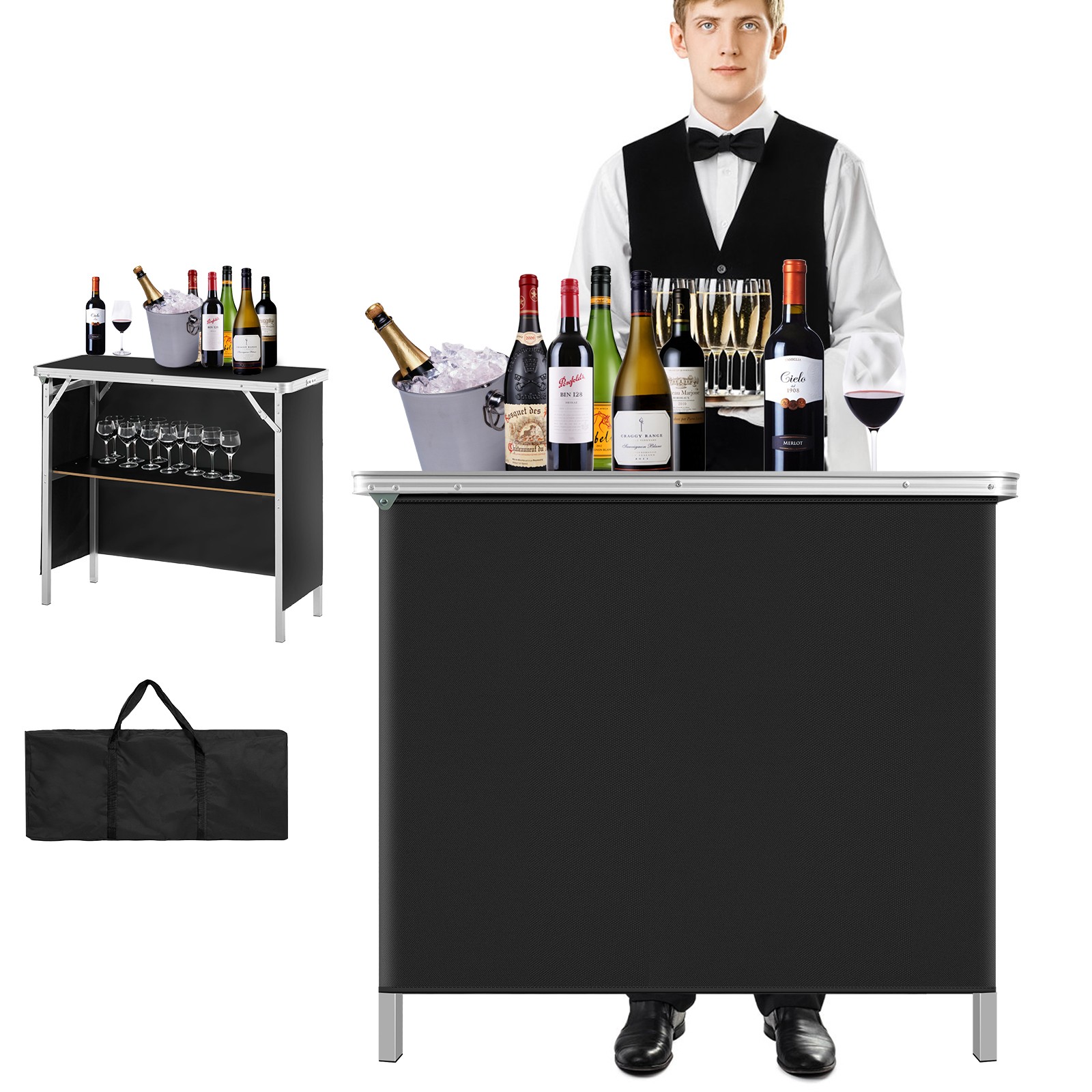 Folding Portable Bar Table, Foldable Pop-Up Bar with Carrying Bag & Black Skirt