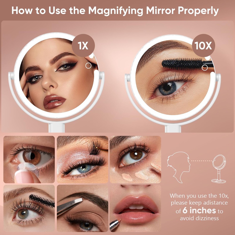 Lighted Makeup Mirror with 10X Magnification, Rechargeable LED Magnifying Van...