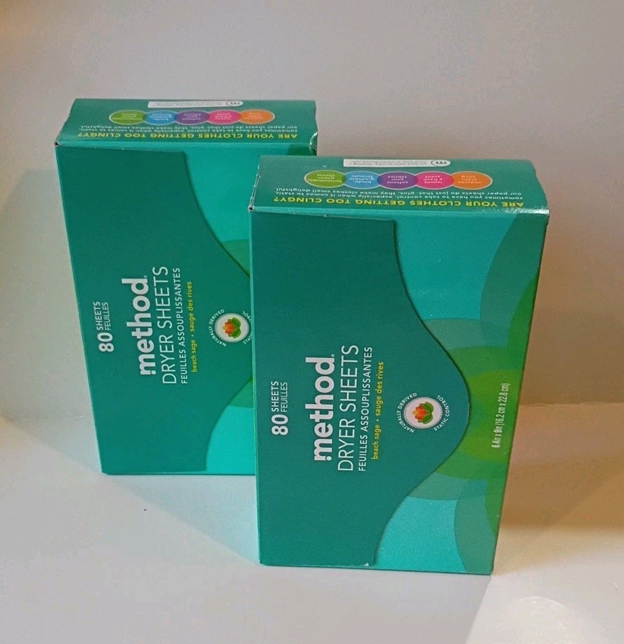 2x Method Dryer Sheets Scent: Beach Sage 80 Sheets Per Pack New