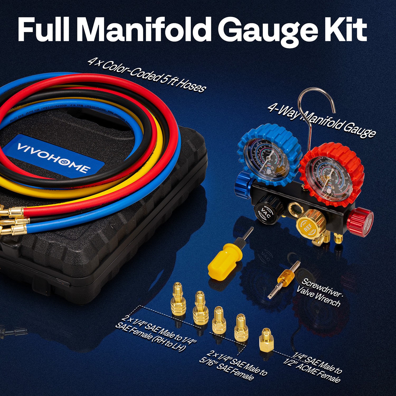 4 Valve HVAC Manifold Gauge Set R410A R454B R32 R22 AC Gauges w/ 5ft Hoses Kit