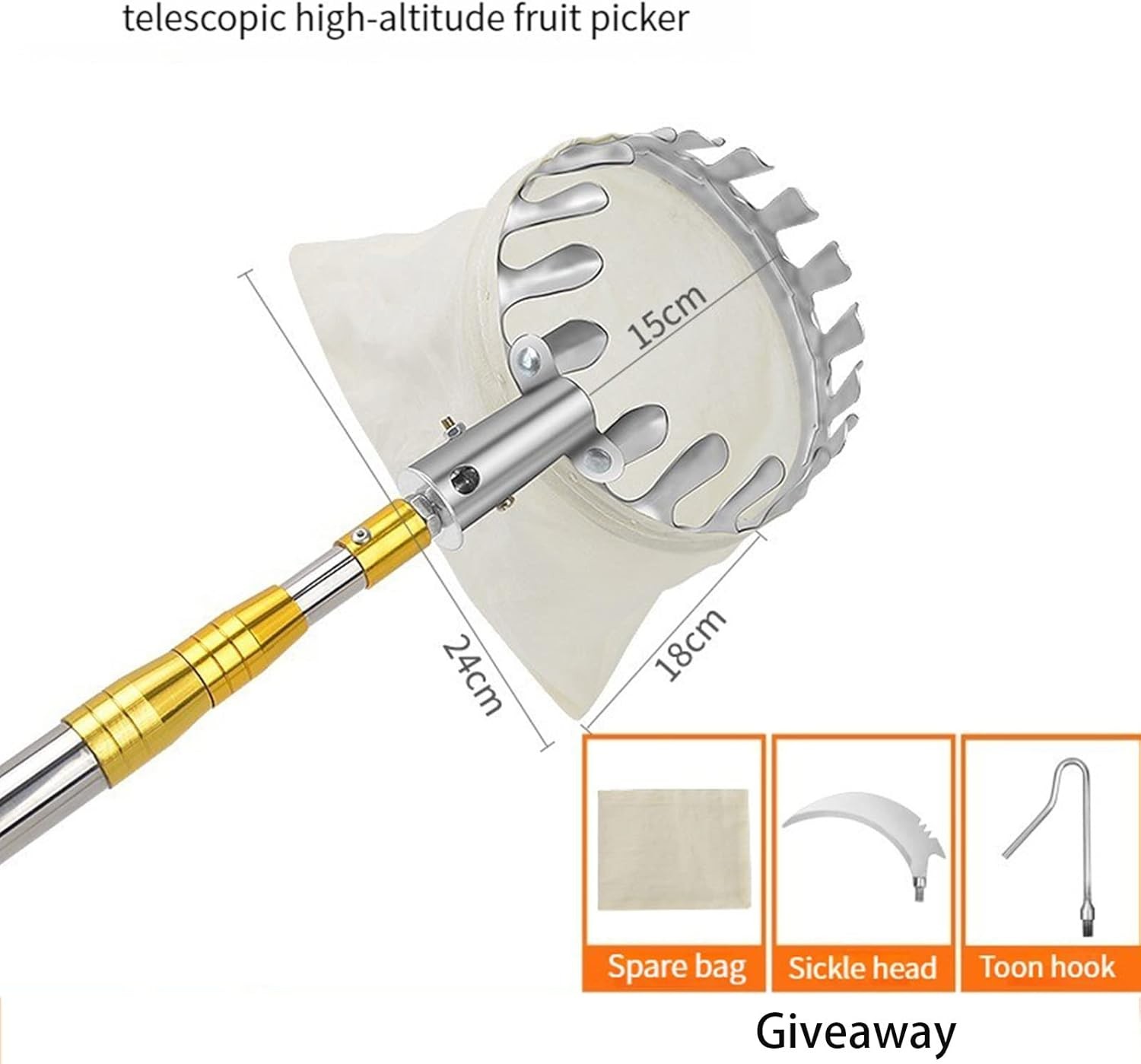 Extendable Fruit Picker 1.9m, Telescoping Harvest Tool for Tree Picking