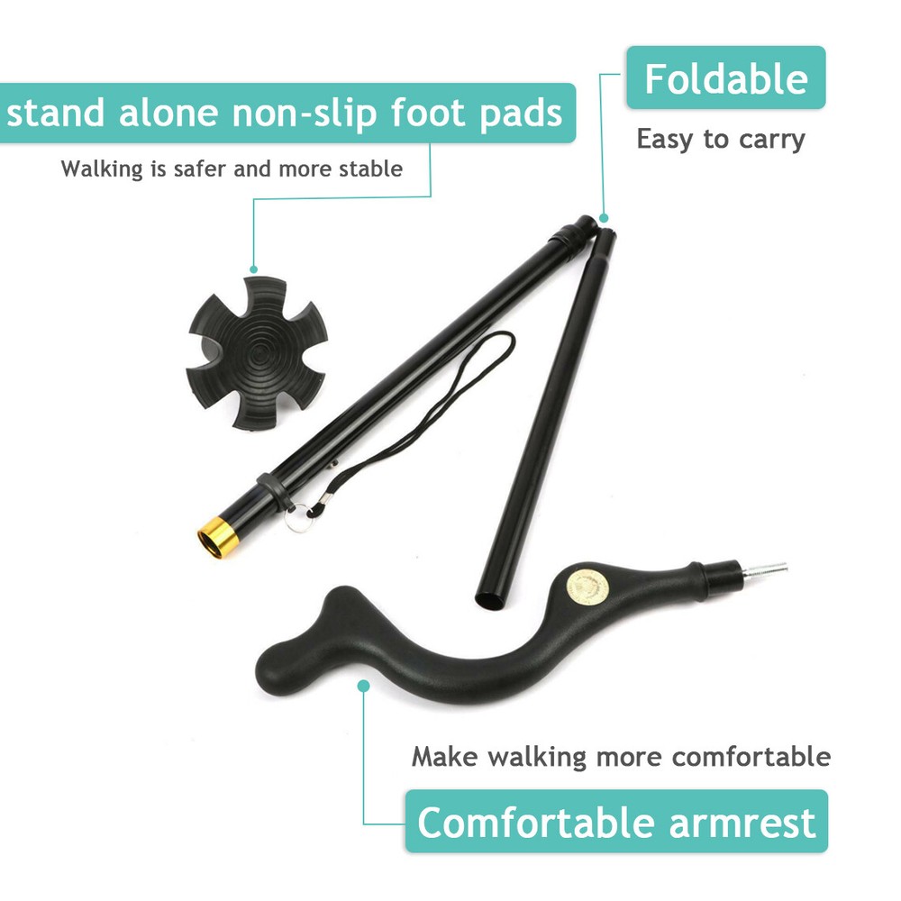 Folding Adjustable Walking Stick Cane 4 Head Pivoting Trusty Base Posture Cane