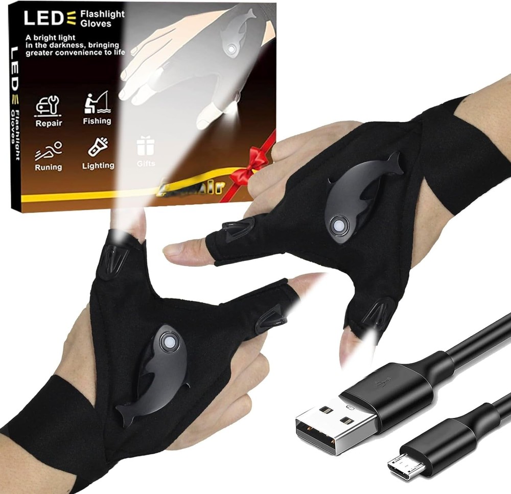 Waterproof Rechargeable LED Flashlight Gloves, Adjustable Strap,