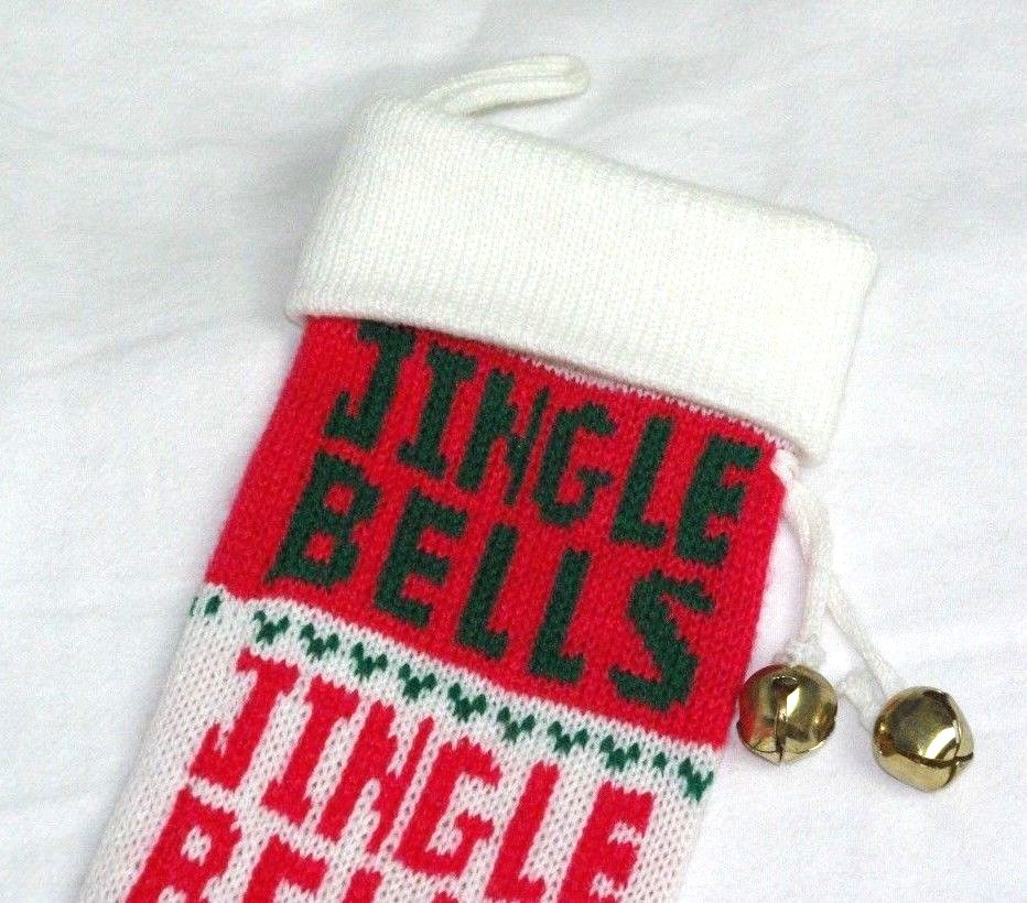 VINTAGE SWEATER KNIT OLD FASHIONED SOCK METAL JINGLE BELLS CHRISTMAS STOCKING