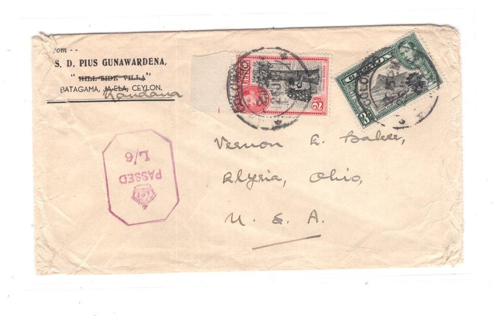 Ceylon  censor  cover  to  US