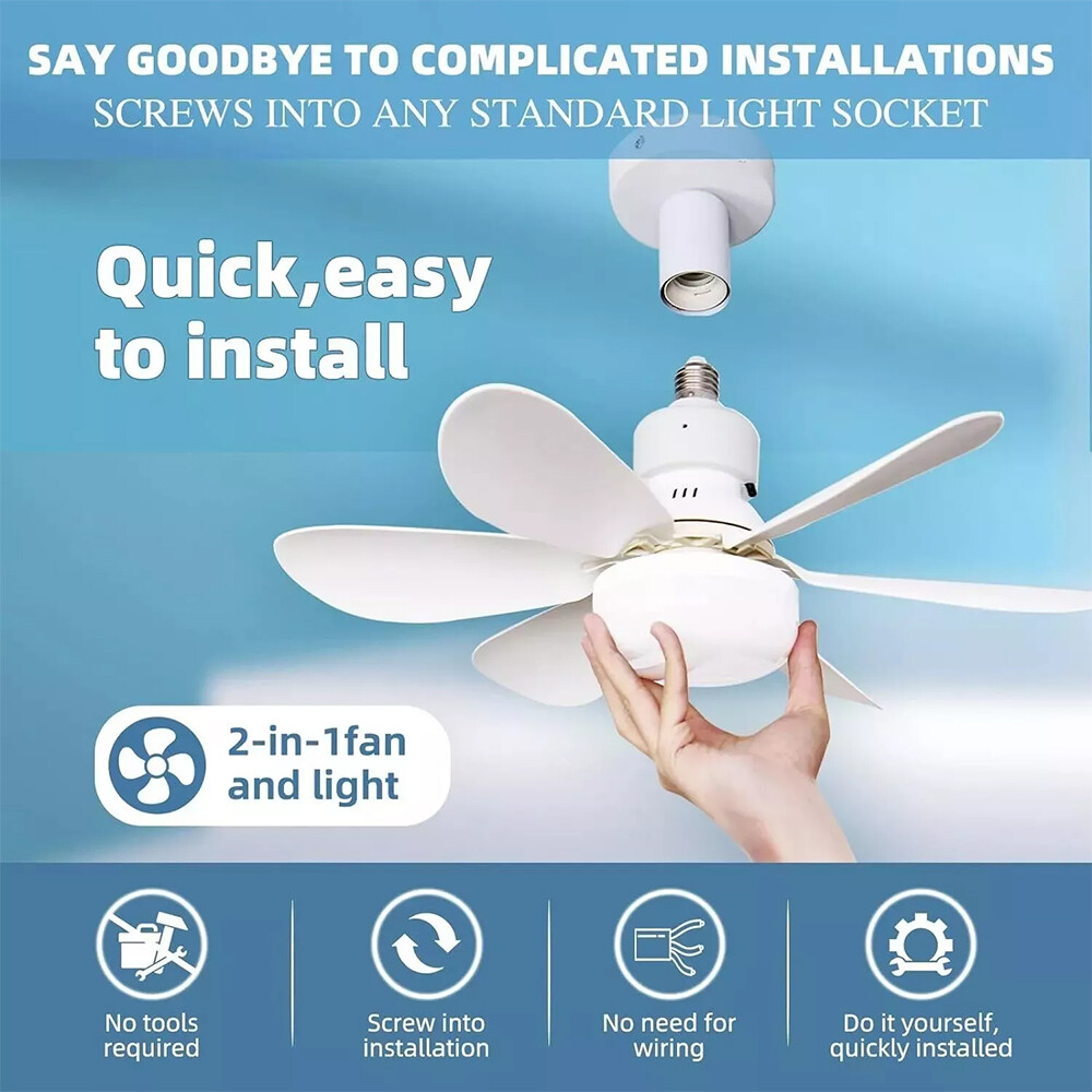 Socket Ceiling Fan with Light E27 Base Screw in Ceiling Fans Dimmable LED Light