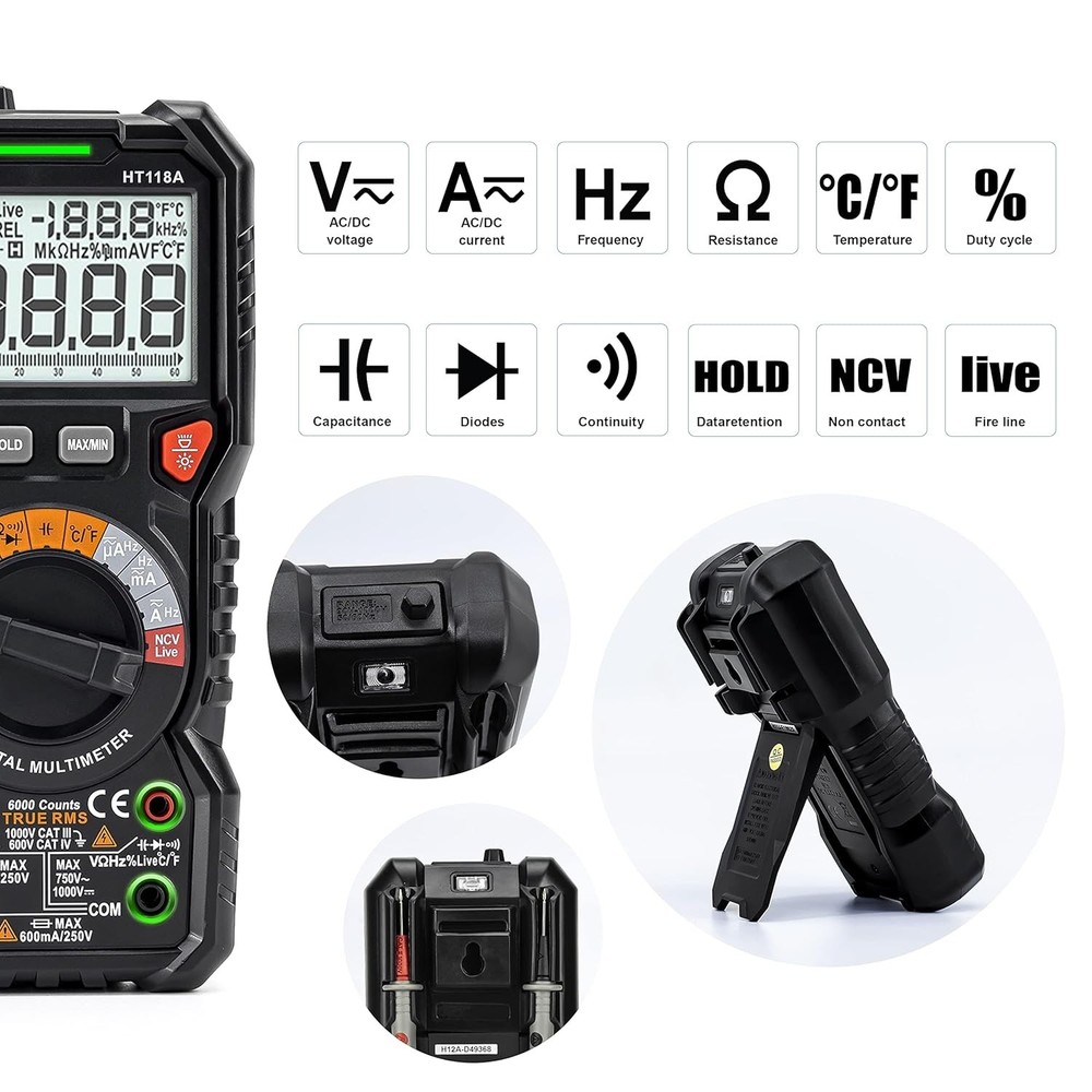 Versatile Battery-Powered 6000 Counts Multimeter with Auto-Ranging Feature