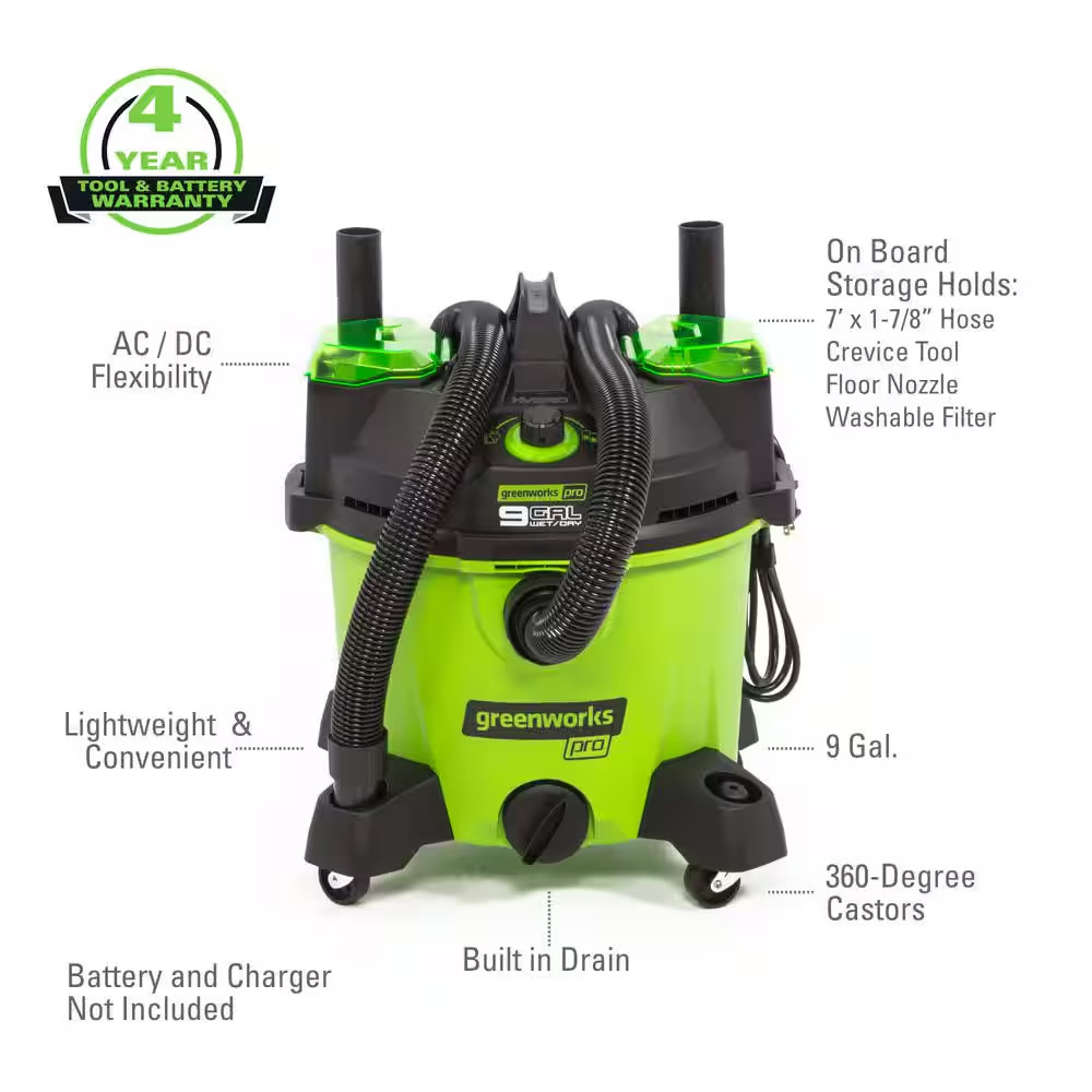 PRO 9 Gal. 60-Volt AC/DC Wet Dry Vac (Tool-Only)