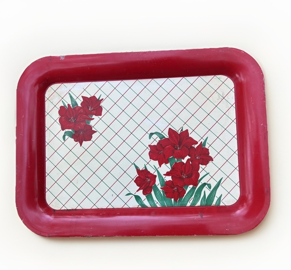 Vintage Red Floral Metal Serving Tray Rectangular Retro Kitchen 18 x 13.25"