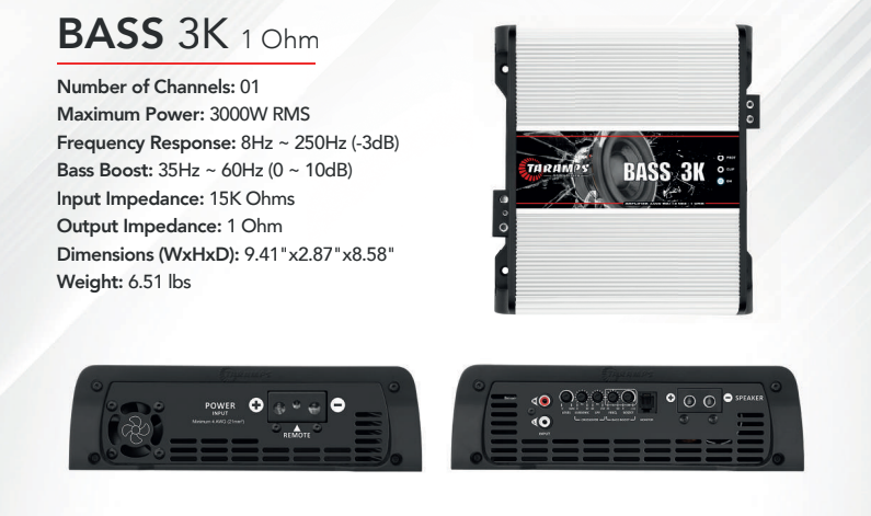 Taramps Bass 3K Amplifier 3000W 1 Ohm HD Power Compact Car Amp
