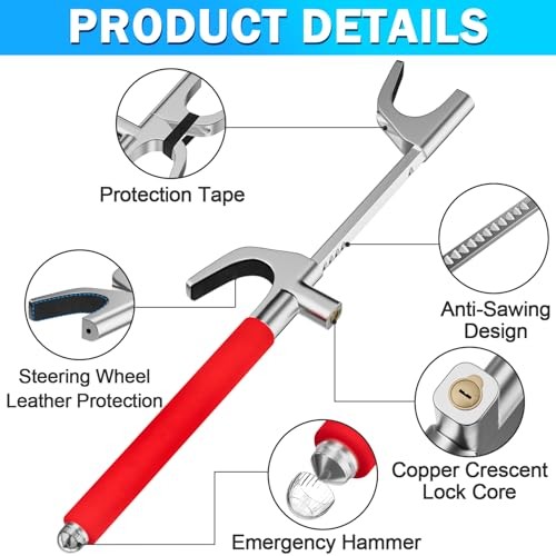 Steering Wheel Lock - Adjustable Antitheft Car Device Locks, Universal Red