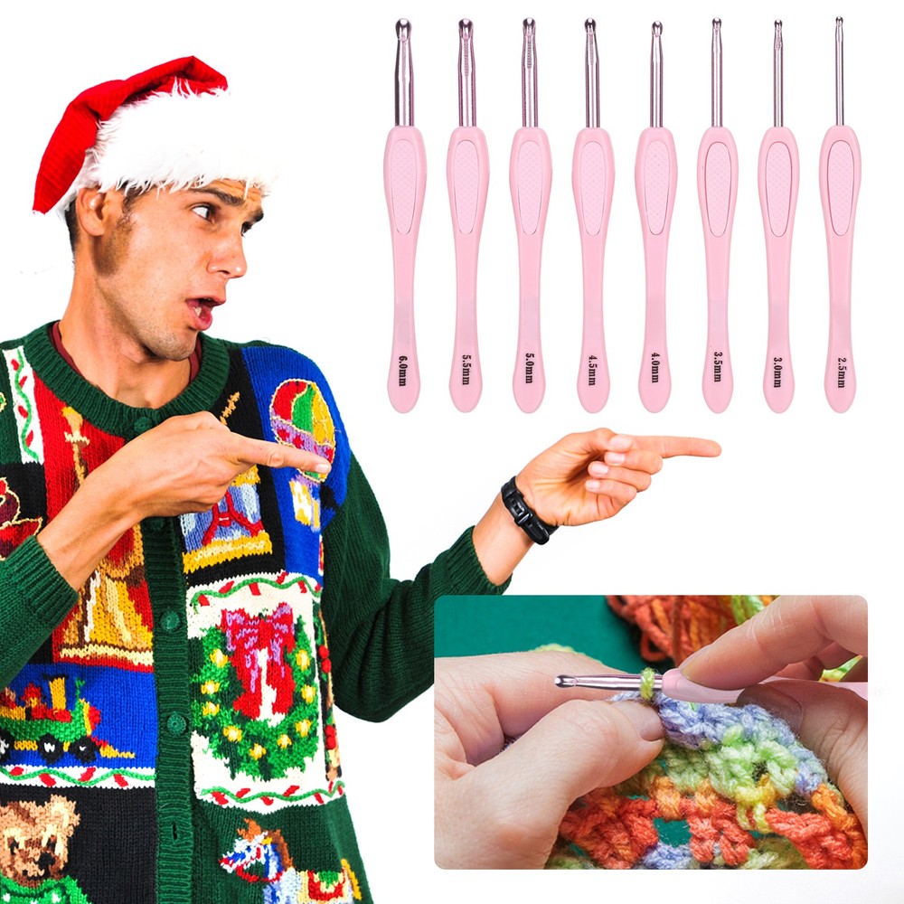 Pink 8Pcs Crochet Hook Thread Knitting Tools ABS Plastic Handle Ergonomic