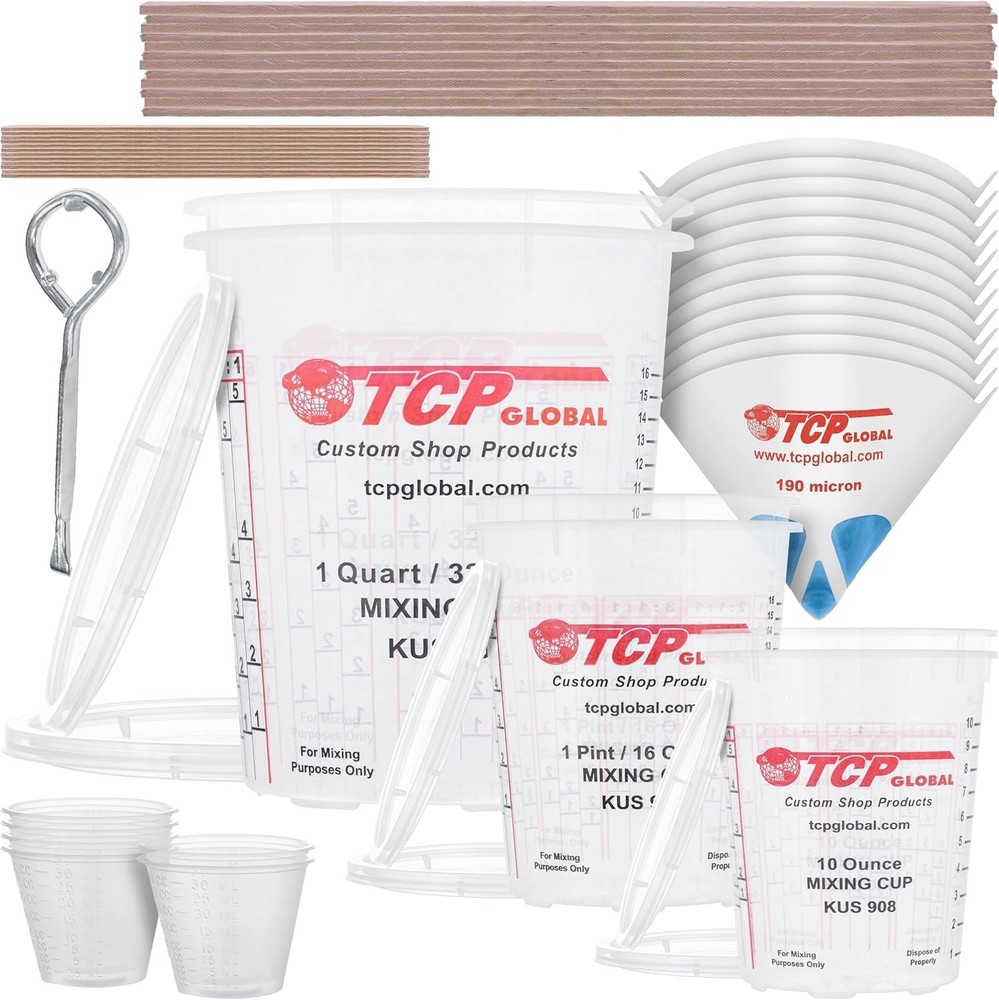 Paint Mixing Kit - 12 Cups, Lids, Sticks, Strainers