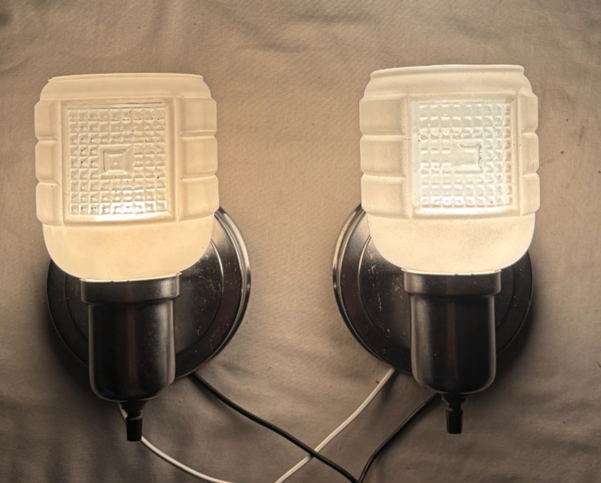 Chrome Sconce Pair Vtg Wall Light Fixture MCM Bathroom Art Deco USA #L92